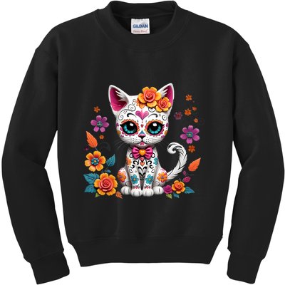 Floral Cat Sugar Skull Day Of The Dead Dia De Los Muertos Kids Sweatshirt
