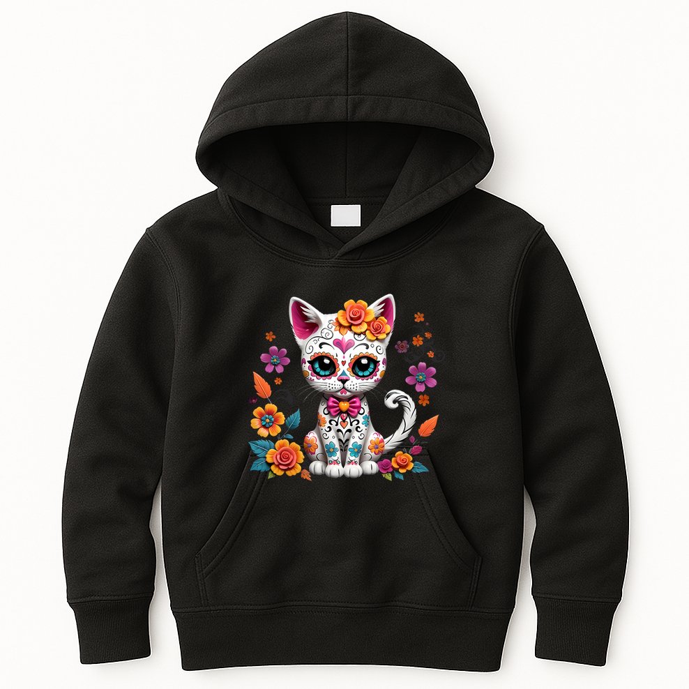 Floral Cat Sugar Skull Day Of The Dead Dia De Los Muertos Kids Hoodie