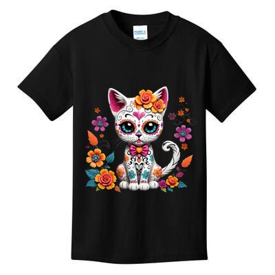 Floral Cat Sugar Skull Day Of The Dead Dia De Los Muertos Kids T-Shirt