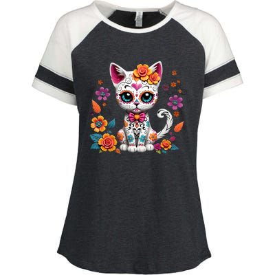 Floral Cat Sugar Skull Day Of The Dead Dia De Los Muertos Enza Ladies Jersey Colorblock Tee