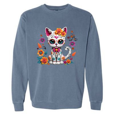 Floral Cat Sugar Skull Day Of The Dead Dia De Los Muertos Garment-Dyed Sweatshirt