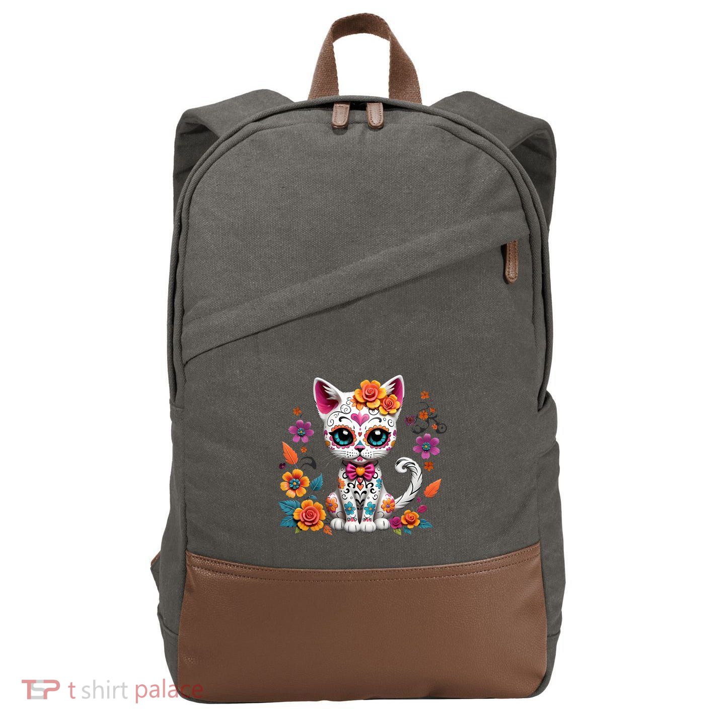 Floral Cat Sugar Skull Day Of The Dead Dia De Los Muertos Cotton Canvas Backpack