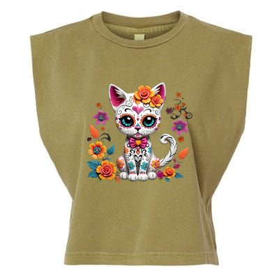 Floral Cat Sugar Skull Day Of The Dead Dia De Los Muertos Garment-Dyed Women's Muscle Tee