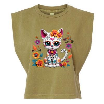 Floral Cat Sugar Skull Day Of The Dead Dia De Los Muertos Garment-Dyed Women's Muscle Tee