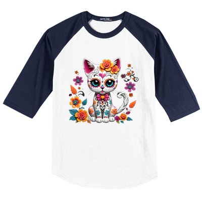 Floral Cat Sugar Skull Day Of The Dead Dia De Los Muertos Baseball Sleeve Shirt