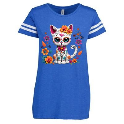 Floral Cat Sugar Skull Day Of The Dead Dia De Los Muertos Enza Ladies Jersey Football T-Shirt