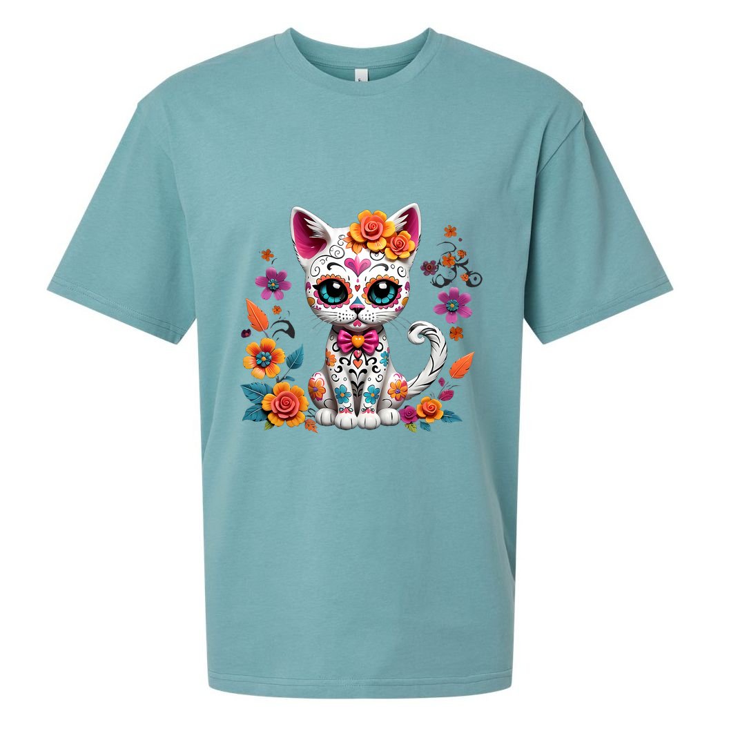 Floral Cat Sugar Skull Day Of The Dead Dia De Los Muertos Sueded Cloud Jersey T-Shirt