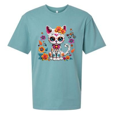 Floral Cat Sugar Skull Day Of The Dead Dia De Los Muertos Sueded Cloud Jersey T-Shirt