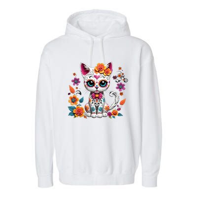 Floral Cat Sugar Skull Day Of The Dead Dia De Los Muertos Garment-Dyed Fleece Hoodie