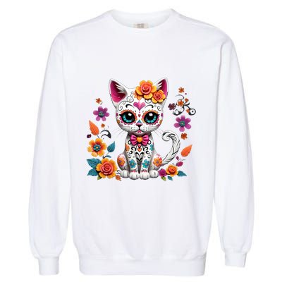Floral Cat Sugar Skull Day Of The Dead Dia De Los Muertos Garment-Dyed Sweatshirt