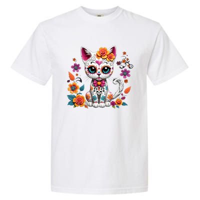 Floral Cat Sugar Skull Day Of The Dead Dia De Los Muertos Garment-Dyed Heavyweight T-Shirt