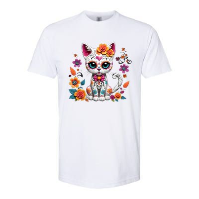 Floral Cat Sugar Skull Day Of The Dead Dia De Los Muertos Softstyle CVC T-Shirt