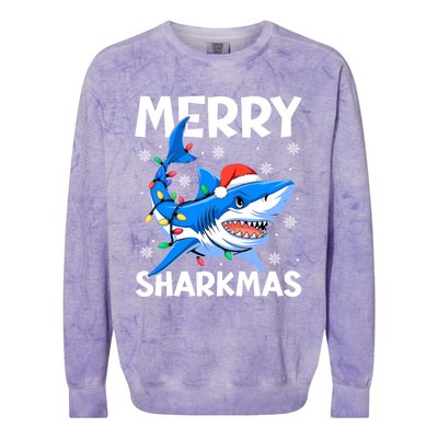 Funny Christmas Snowflakes Merry Sharkmas Santa Hat Lights Colorblast Crewneck Sweatshirt