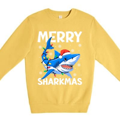 Funny Christmas Snowflakes Merry Sharkmas Santa Hat Lights Premium Crewneck Sweatshirt