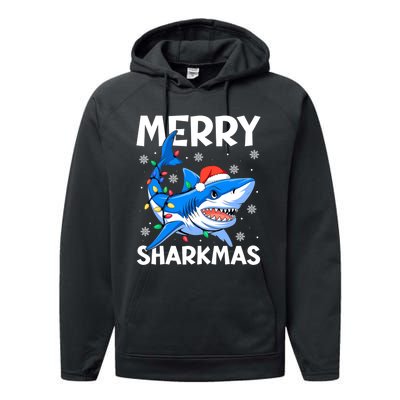 Funny Christmas Snowflakes Merry Sharkmas Santa Hat Lights Performance Fleece Hoodie