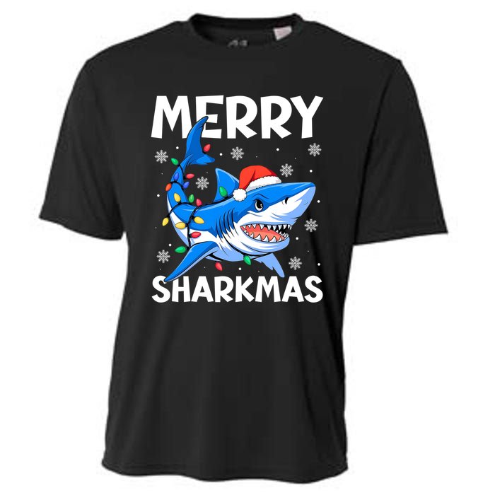 Funny Christmas Snowflakes Merry Sharkmas Santa Hat Lights Cooling Performance Crew T-Shirt