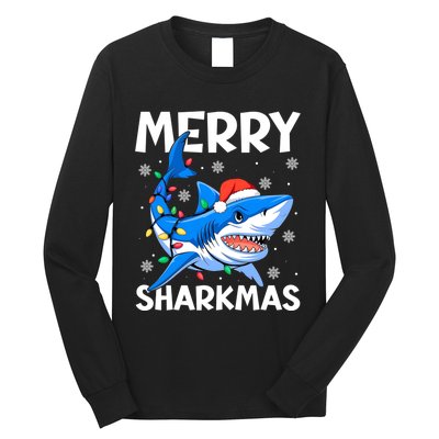 Funny Christmas Snowflakes Merry Sharkmas Santa Hat Lights Long Sleeve Shirt