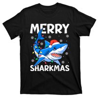 Funny Christmas Snowflakes Merry Sharkmas Santa Hat Lights T-Shirt