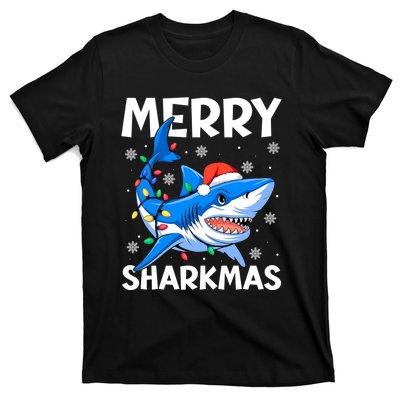 Funny Christmas Snowflakes Merry Sharkmas Santa Hat Lights T-Shirt