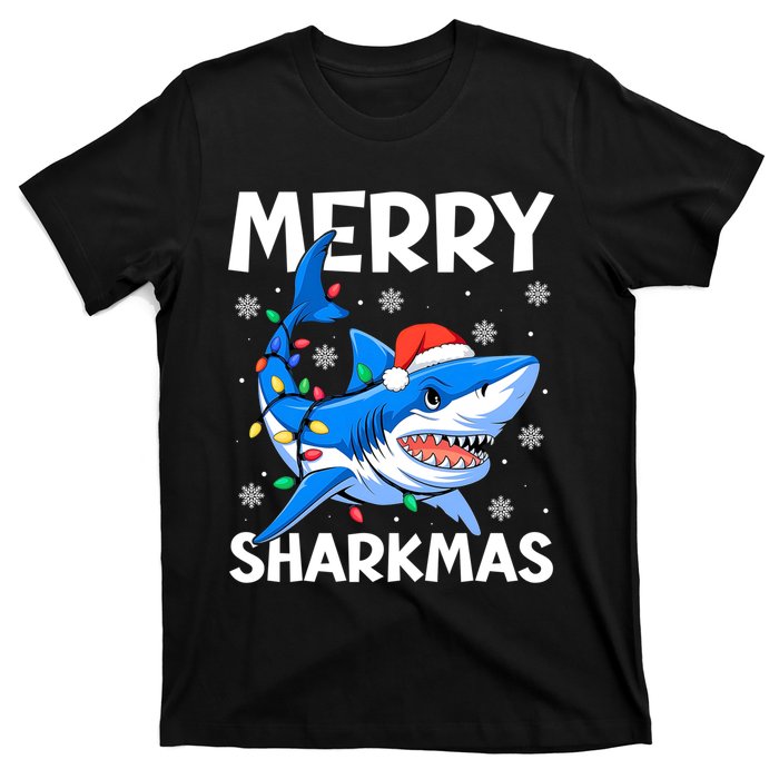 Funny Christmas Snowflakes Merry Sharkmas Santa Hat Lights T-Shirt