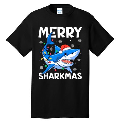 Funny Christmas Snowflakes Merry Sharkmas Santa Hat Lights Tall T-Shirt