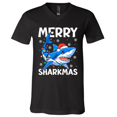 Funny Christmas Snowflakes Merry Sharkmas Santa Hat Lights V-Neck T-Shirt