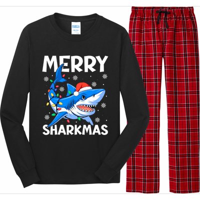 Funny Christmas Snowflakes Merry Sharkmas Santa Hat Lights Long Sleeve Pajama Set