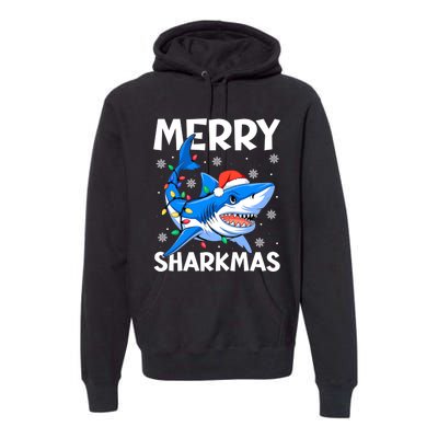 Funny Christmas Snowflakes Merry Sharkmas Santa Hat Lights Premium Hoodie