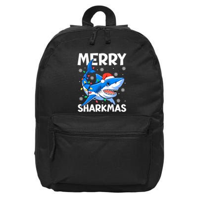 Funny Christmas Snowflakes Merry Sharkmas Santa Hat Lights 16 in Basic Backpack