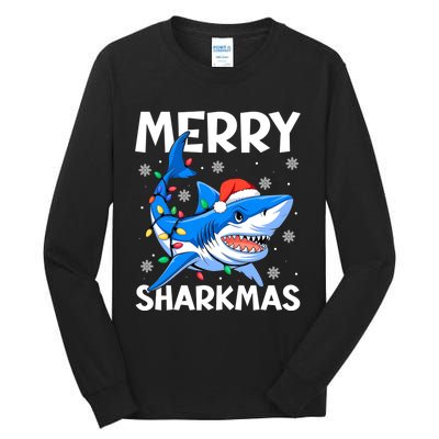 Funny Christmas Snowflakes Merry Sharkmas Santa Hat Lights Tall Long Sleeve T-Shirt