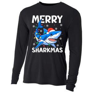 Funny Christmas Snowflakes Merry Sharkmas Santa Hat Lights Cooling Performance Long Sleeve Crew