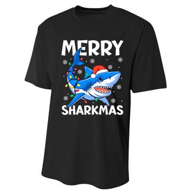 Funny Christmas Snowflakes Merry Sharkmas Santa Hat Lights Performance Sprint T-Shirt