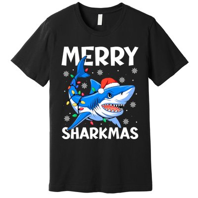 Funny Christmas Snowflakes Merry Sharkmas Santa Hat Lights Premium T-Shirt