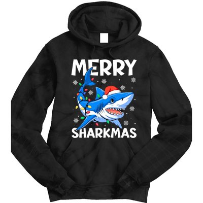 Funny Christmas Snowflakes Merry Sharkmas Santa Hat Lights Tie Dye Hoodie