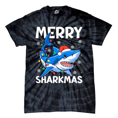 Funny Christmas Snowflakes Merry Sharkmas Santa Hat Lights Tie-Dye T-Shirt