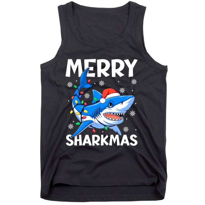 Funny Christmas Snowflakes Merry Sharkmas Santa Hat Lights Tank Top