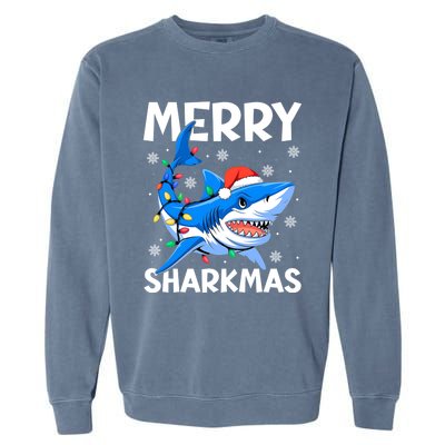 Funny Christmas Snowflakes Merry Sharkmas Santa Hat Lights Garment-Dyed Sweatshirt