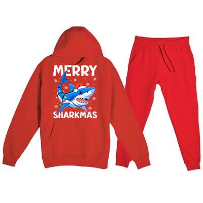 Funny Christmas Snowflakes Merry Sharkmas Santa Hat Lights Premium Hooded Sweatsuit Set