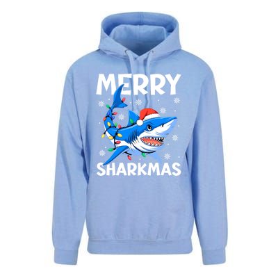 Funny Christmas Snowflakes Merry Sharkmas Santa Hat Lights Unisex Surf Hoodie