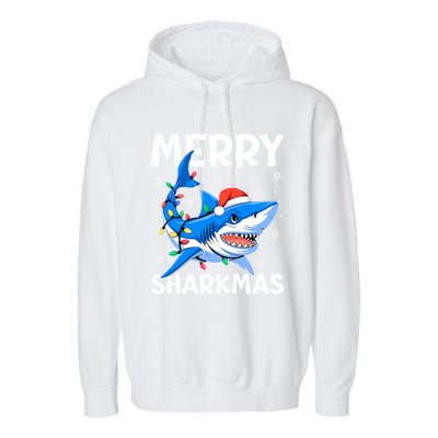 Funny Christmas Snowflakes Merry Sharkmas Santa Hat Lights Garment-Dyed Fleece Hoodie