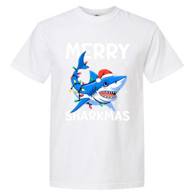 Funny Christmas Snowflakes Merry Sharkmas Santa Hat Lights Garment-Dyed Heavyweight T-Shirt