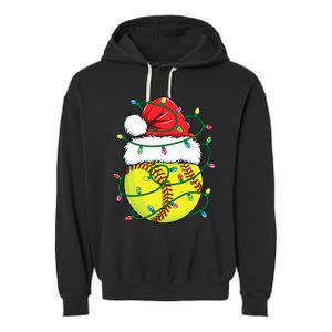 Funny Christmas Softball Santa Hat Wo Girl Xmas Lights Garment-Dyed Fleece Hoodie