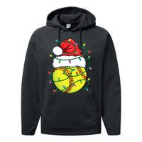 Funny Christmas Softball Santa Hat Wo Girl Xmas Lights Performance Fleece Hoodie