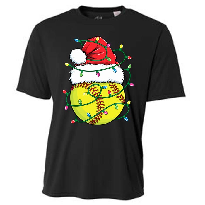 Funny Christmas Softball Santa Hat Wo Girl Xmas Lights Cooling Performance Crew T-Shirt