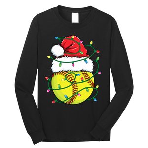 Funny Christmas Softball Santa Hat Wo Girl Xmas Lights Long Sleeve Shirt