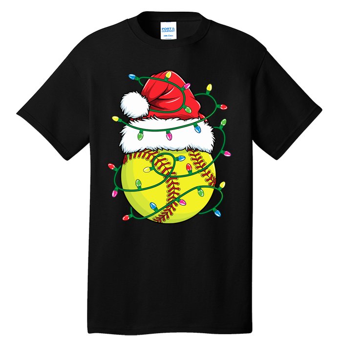 Funny Christmas Softball Santa Hat Wo Girl Xmas Lights Tall T-Shirt