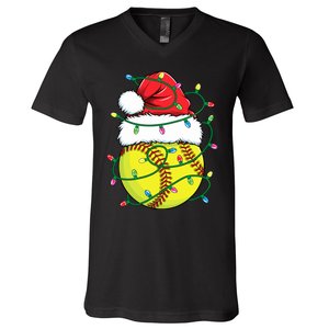 Funny Christmas Softball Santa Hat Wo Girl Xmas Lights V-Neck T-Shirt