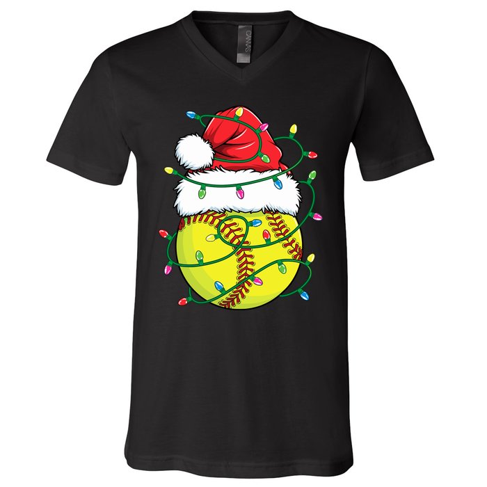 Funny Christmas Softball Santa Hat Wo Girl Xmas Lights V-Neck T-Shirt