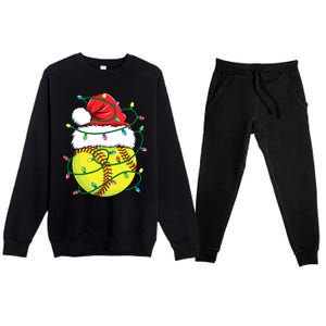 Funny Christmas Softball Santa Hat Wo Girl Xmas Lights Premium Crewneck Sweatsuit Set