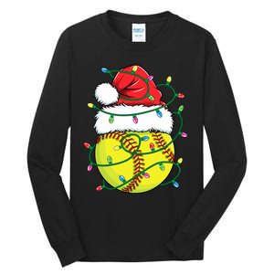 Funny Christmas Softball Santa Hat Wo Girl Xmas Lights Tall Long Sleeve T-Shirt